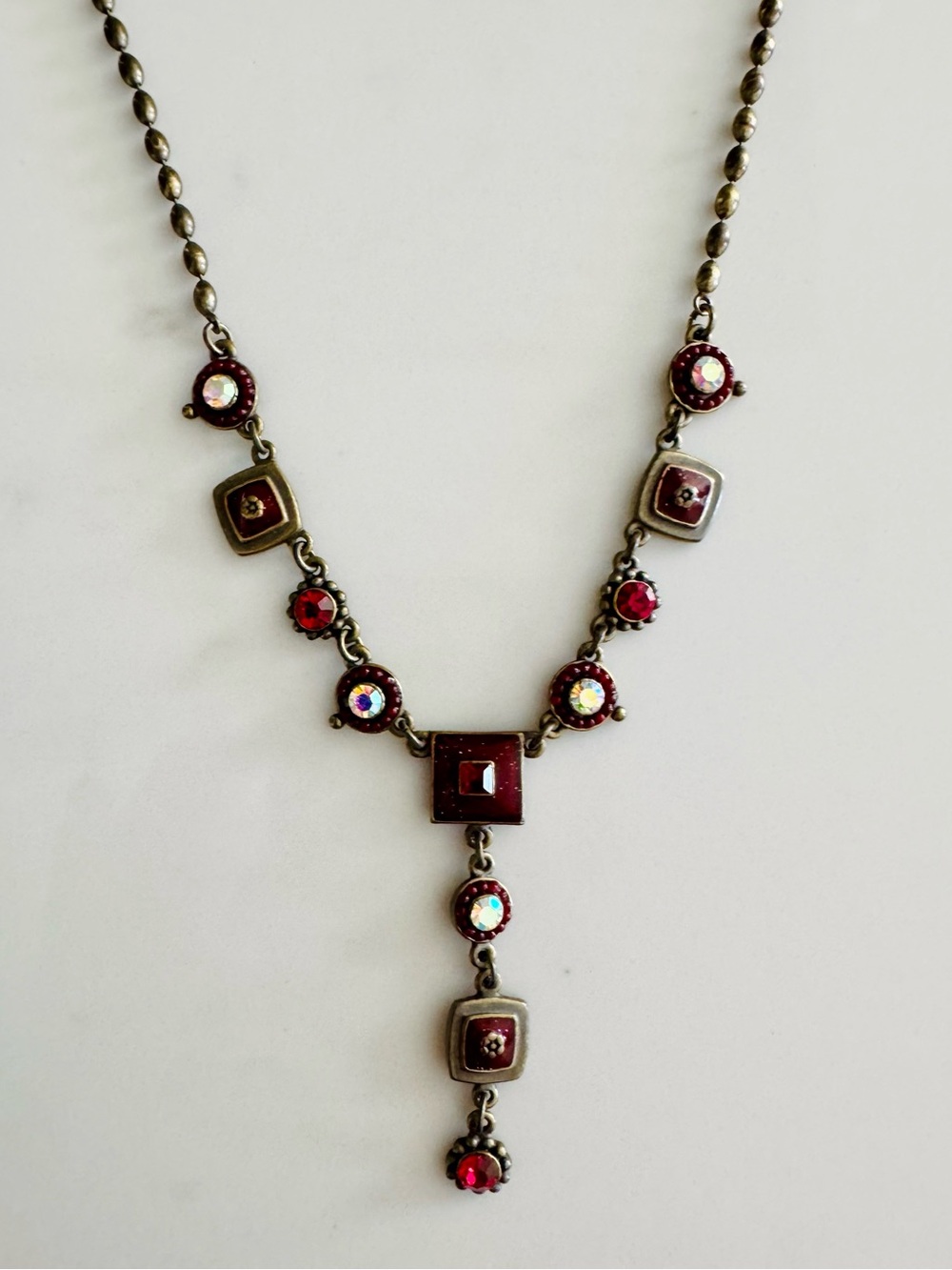 Vintage Victorian (Style) Bronze & Red Rhinestone Bead Y-Drop Statement Necklace